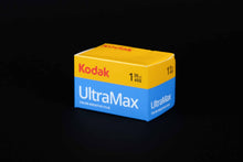 Load image into Gallery viewer, A box of Kodak Ultramax Colour Negative 35mm Film against a black background.