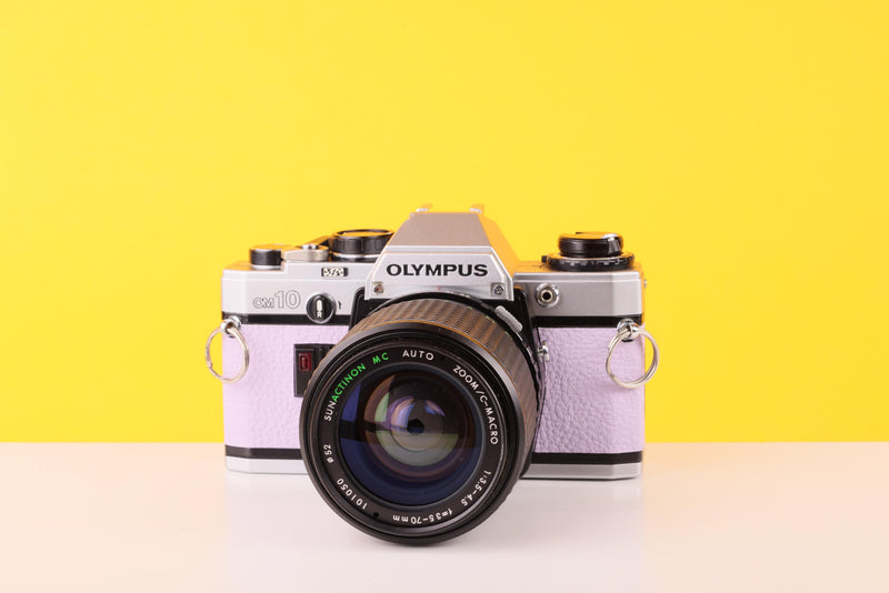 Olympus OM10 35mm SLR Film Camera with Zoom LENS 35-70mm f3.5 Lens in Lilac