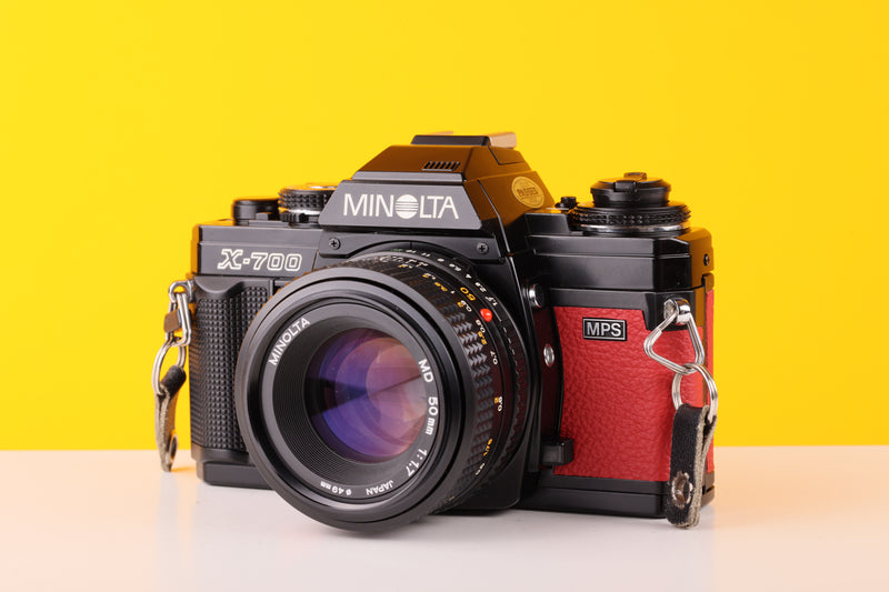 Minolta X-700 35mm SLR Film Camera with Minolta MD 50mm f1.7 Lens in Red