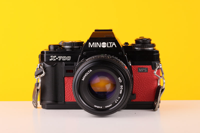 Minolta X-700 35mm SLR Film Camera with Minolta MD 50mm f1.7 Lens red