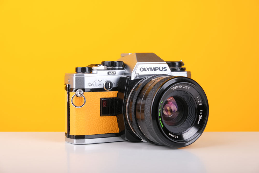 Olympus OM10 35mm SLR Film Camera in Yellow with Tamron 28mm f/2.8 Prime Lens
