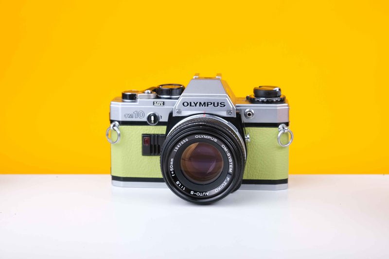 Olympus OM10 Slr Vintage 35mm Film Camera with Zuiko 50mm f1.8 Prime Lens Reconditioned With New Lime Leather Skin