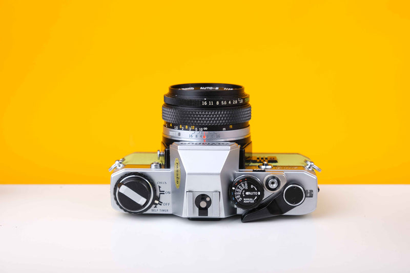 Olympus OM10 Slr Vintage 35mm Film Camera with Zuiko 50mm f1.8 Prime Lens Reconditioned With New Lime Leather Skin