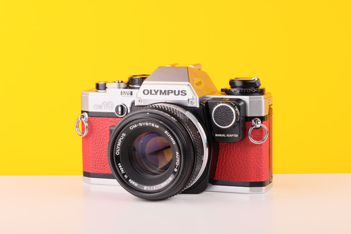 Olympus OM10 35mm Film Camera with Zuiko 50mm f1.8 Prime Lens Red Leat ...