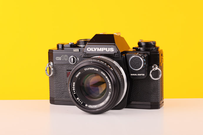 Olympus OM10 Black 35mm SLR Film Camera with Olympus OM-System Zuiko MC Auto-S 50mm f1.8 Lens and Manual Adapter