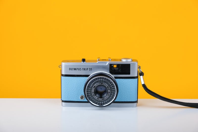 Olympus Trip 35 Vintage Film Camera with Zuiko 40mm f2.8 Lens With New Baby Blue Leather Skin