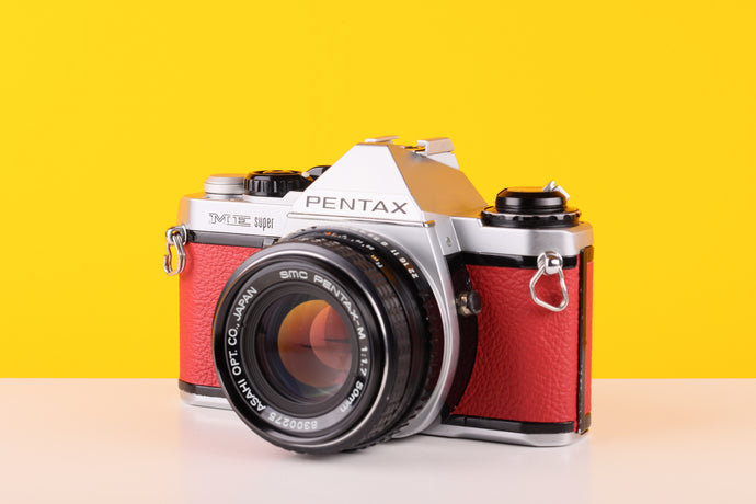 Pentax ME Super Vintage 35mm Film Camera with SMC Pentax-M 50mm f/1.7 Lens in Red