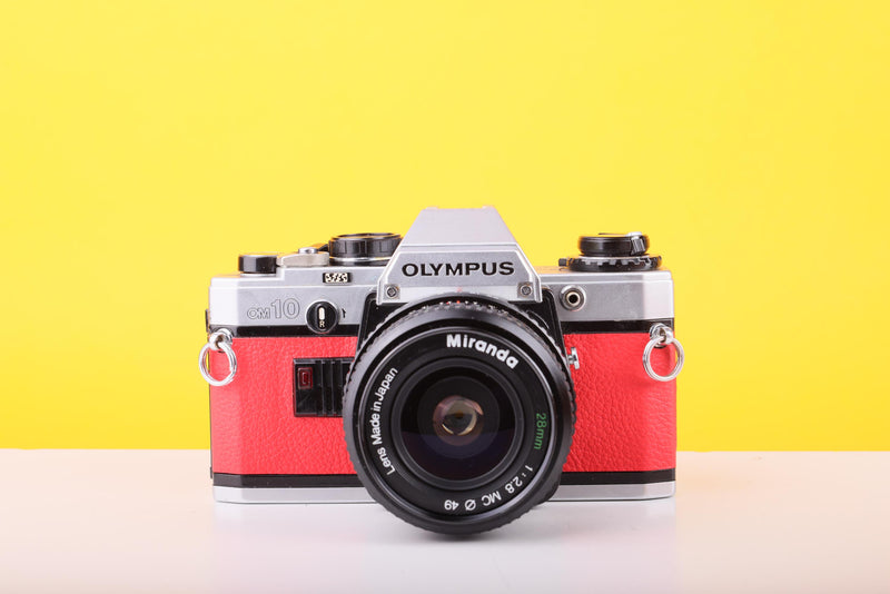 Olympus OM10 35mm SLR Film Camera with Miranda 28mm f/2.8 Lens in Scarlet Red