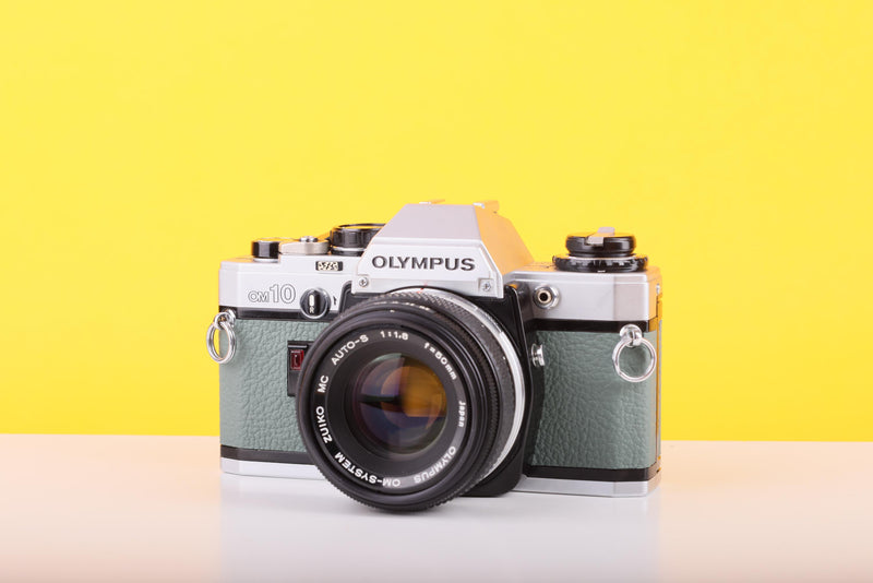 Olympus OM10 35mm Film Camera with Zuiko 50mm f1.8 Prime Lens Safari Green