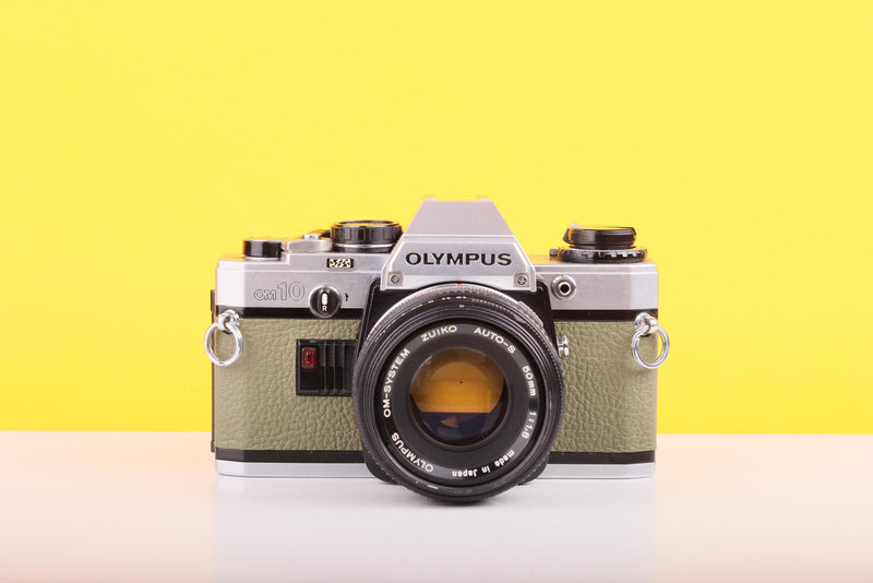 Olympus OM10 35mm Film Camera with Zuiko 50mm f1.8 Prime Lens Olive