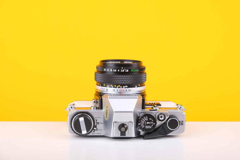 Olympus OM10 35mm Film Camera with Olympus OM-System Zukio Auto-S 50mm f1.8 Lens in New White Leather Skin