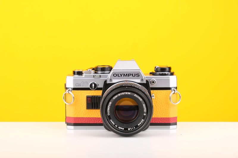 Olympus OM10 Slr Vintage 35mm Film Camera with Zuiko 50mm f1.8 Prime Lens and with New Leather Yellow and Red Skin