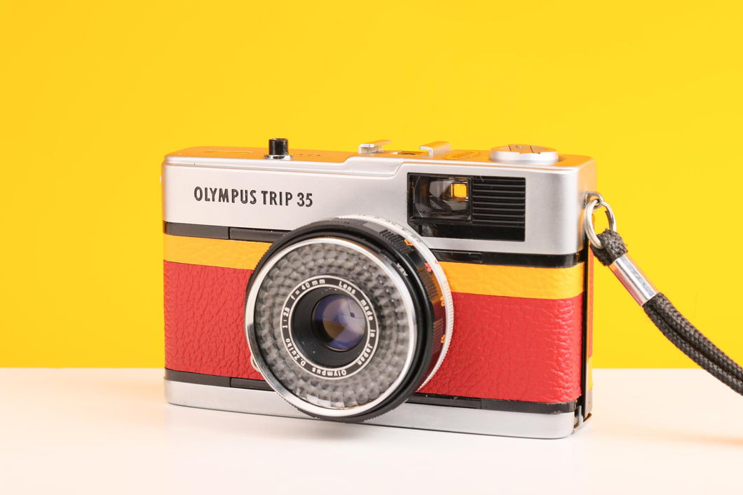Olympus Trip 35 Vintage 35mm Film Camera in Red and Yellow Leather Skin