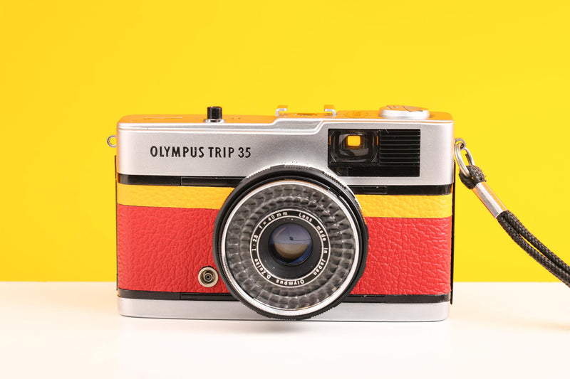 Olympus Trip 35 Vintage 35mm Film Camera in Red and Yellow Leather Skin