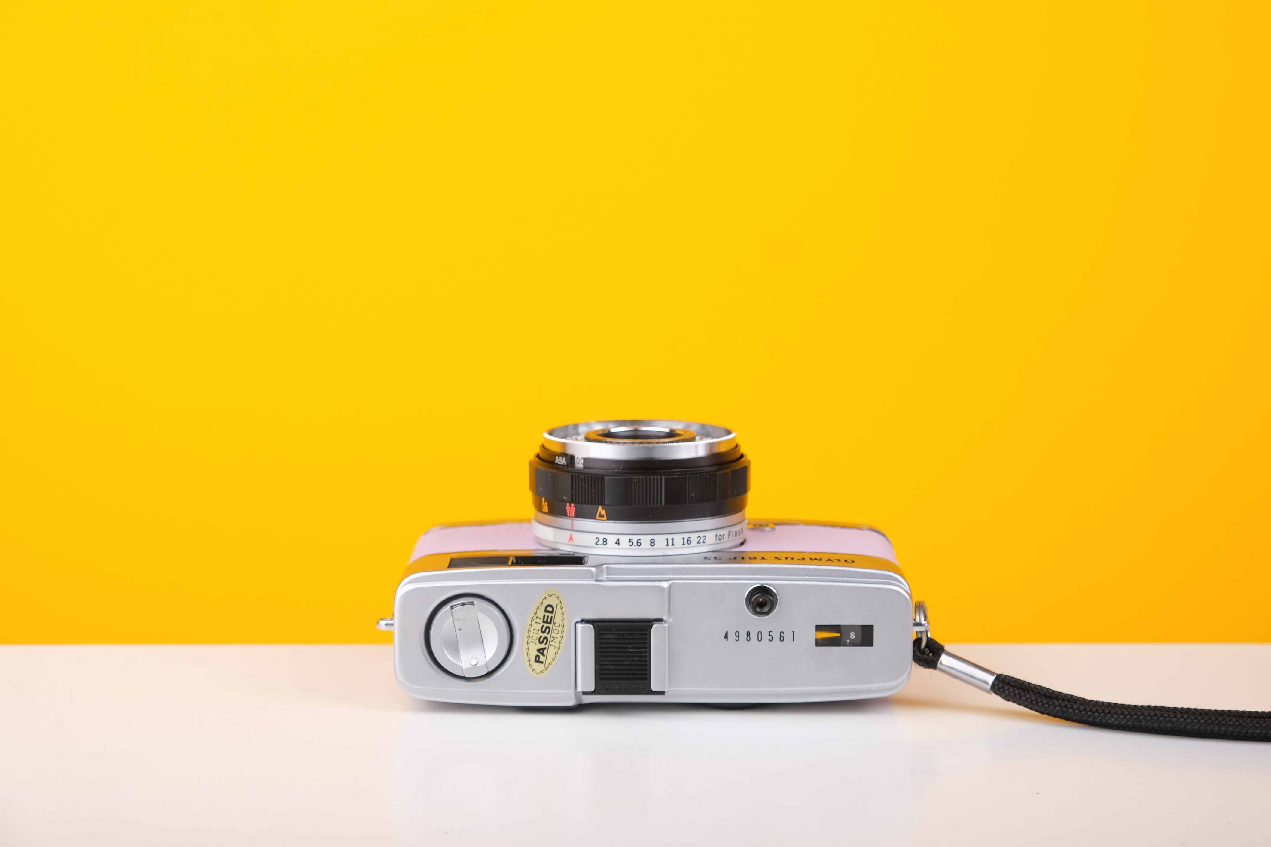 Olympus Trip 35 Vintage 35mm Film Camera with Zuiko 40mm f2.8 Lens and New Lilac Leather Skin