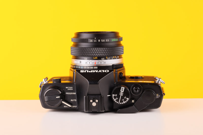 Olympus OM-2 Spot/Program 35mm Film Camera with Olympus 28mm f3.5 Prime Lens