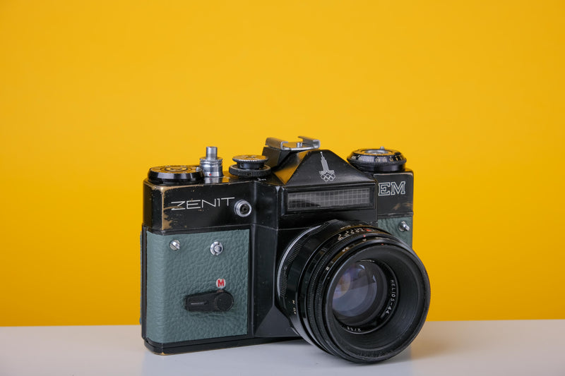 Zenit EM Grey Leather 35mm Film Camera with Helion 44M-4 Lens 58mm f/2