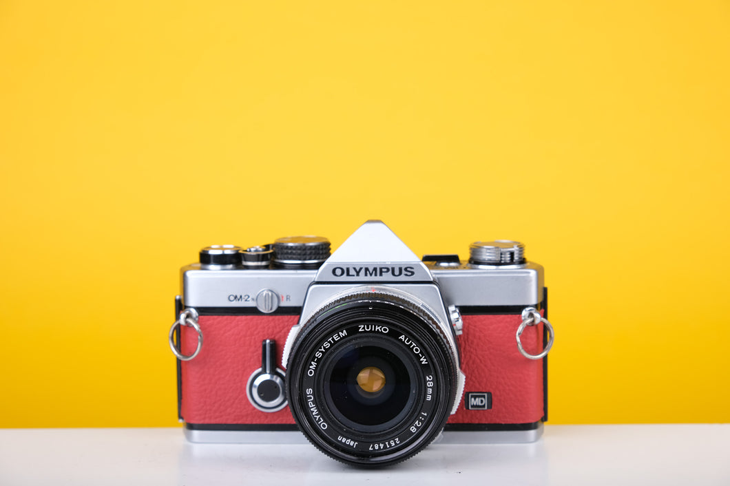 Olympus OM2n MD 35mm Film Camera with Zuiko 28mm f2.8 Lens Filter Reconditioned with Red Leather Skin