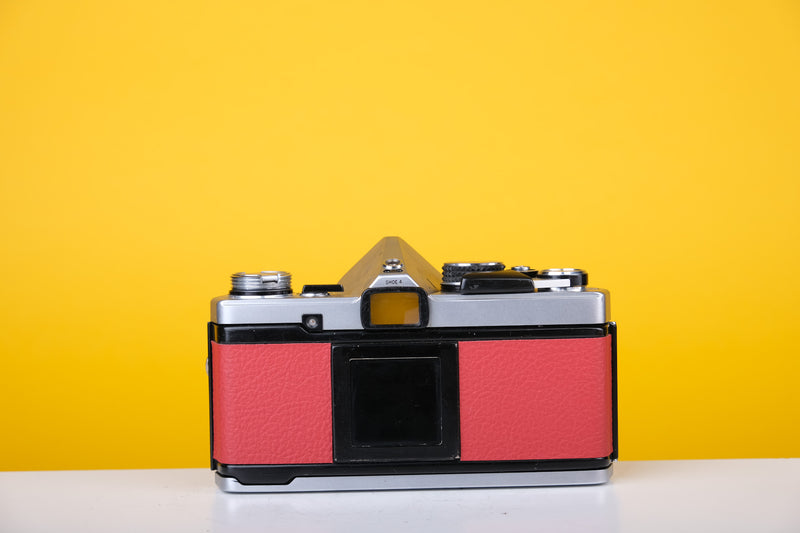 Olympus OM2n MD 35mm Film Camera with Zuiko 28mm f2.8 Lens Filter Reconditioned with Red Leather Skin