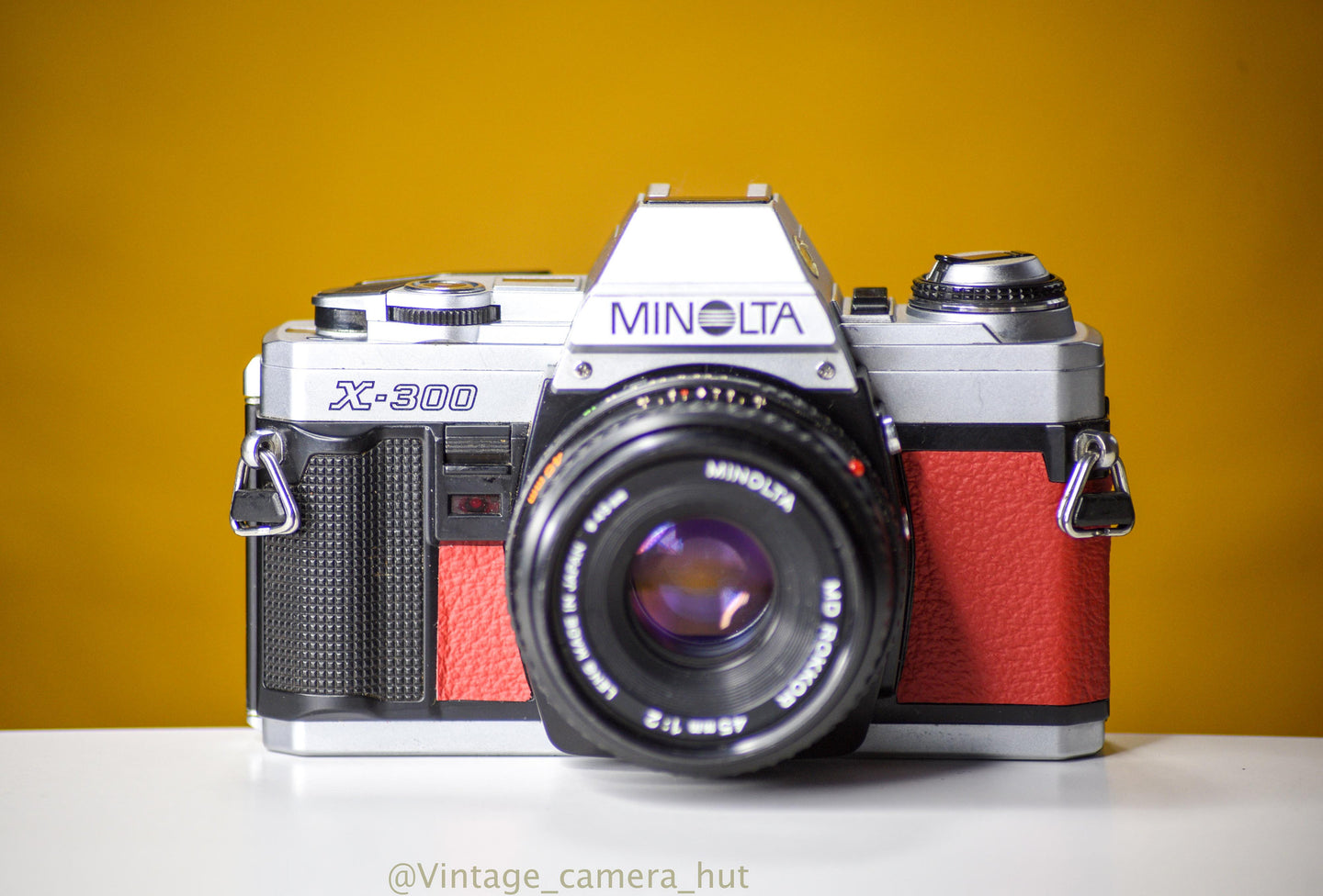 Minolta X-300 Vintage 35mm Film Camera with MInolta MD 45mm f/2 Prime Lens Reconditioned with New Red Skin